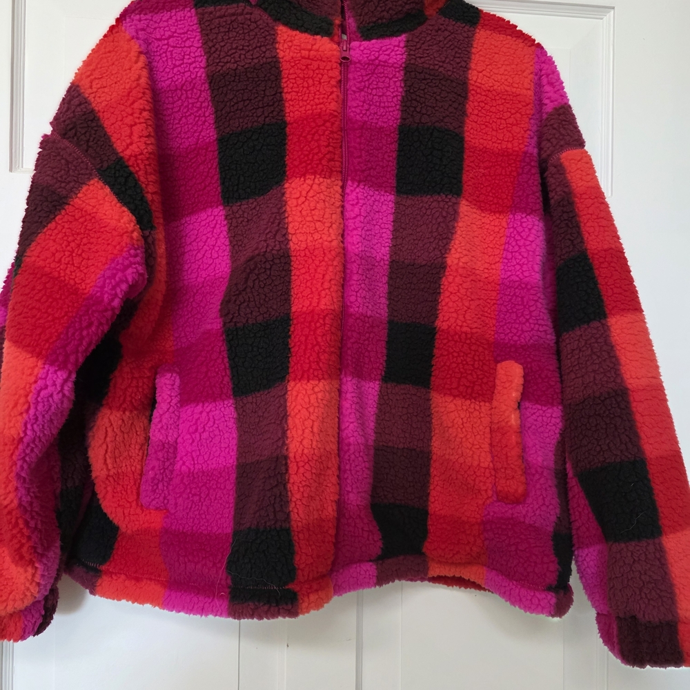 a new day Red, Pink & Black Plaid Sherpa Puffer Jacket